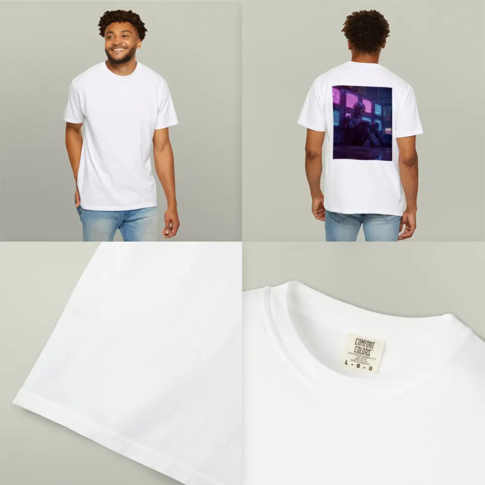 Cyberpunk Robot Sitting Among Glowing Screens – T-Shirts