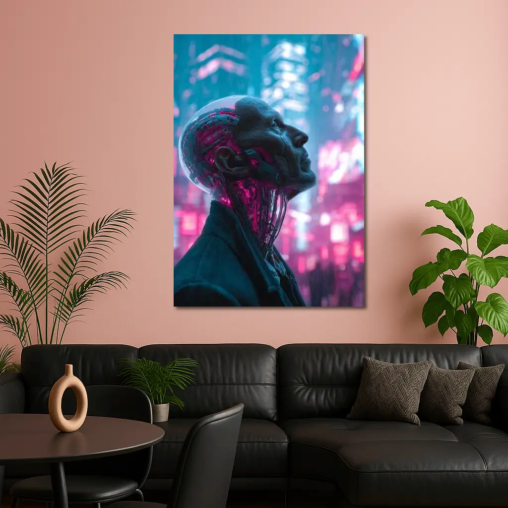 Cyberpunk Android Man Neon City Night – Wall Art