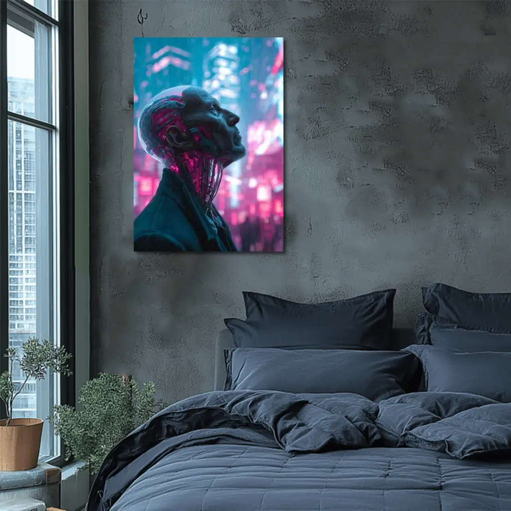 Cyberpunk Android Man Neon City Night – Wall Art