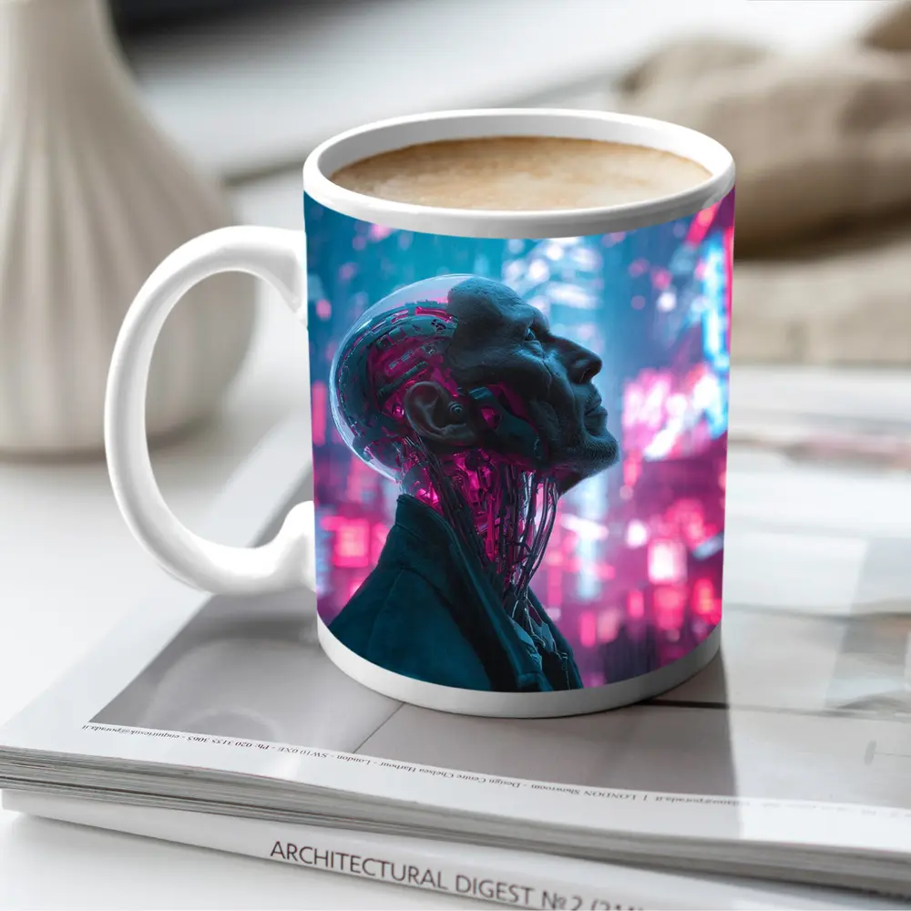 Cyberpunk Android Man Neon City Night – Mugs