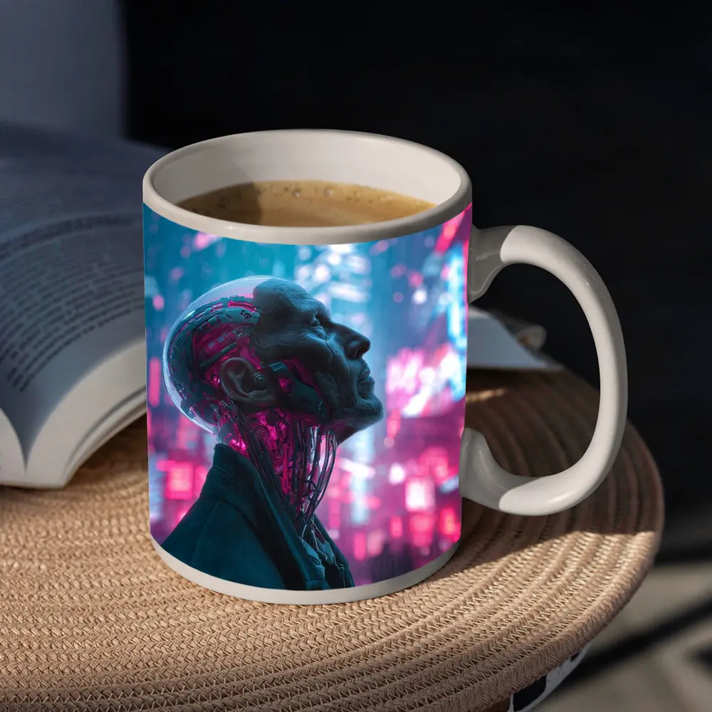 Cyberpunk Android Man Neon City Night – Mugs