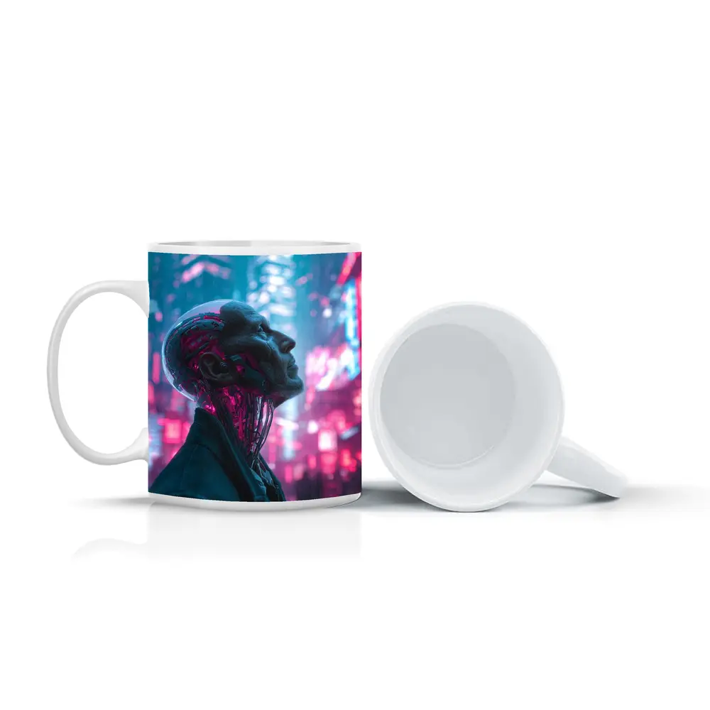 Cyberpunk Android Man Neon City Night – Mugs