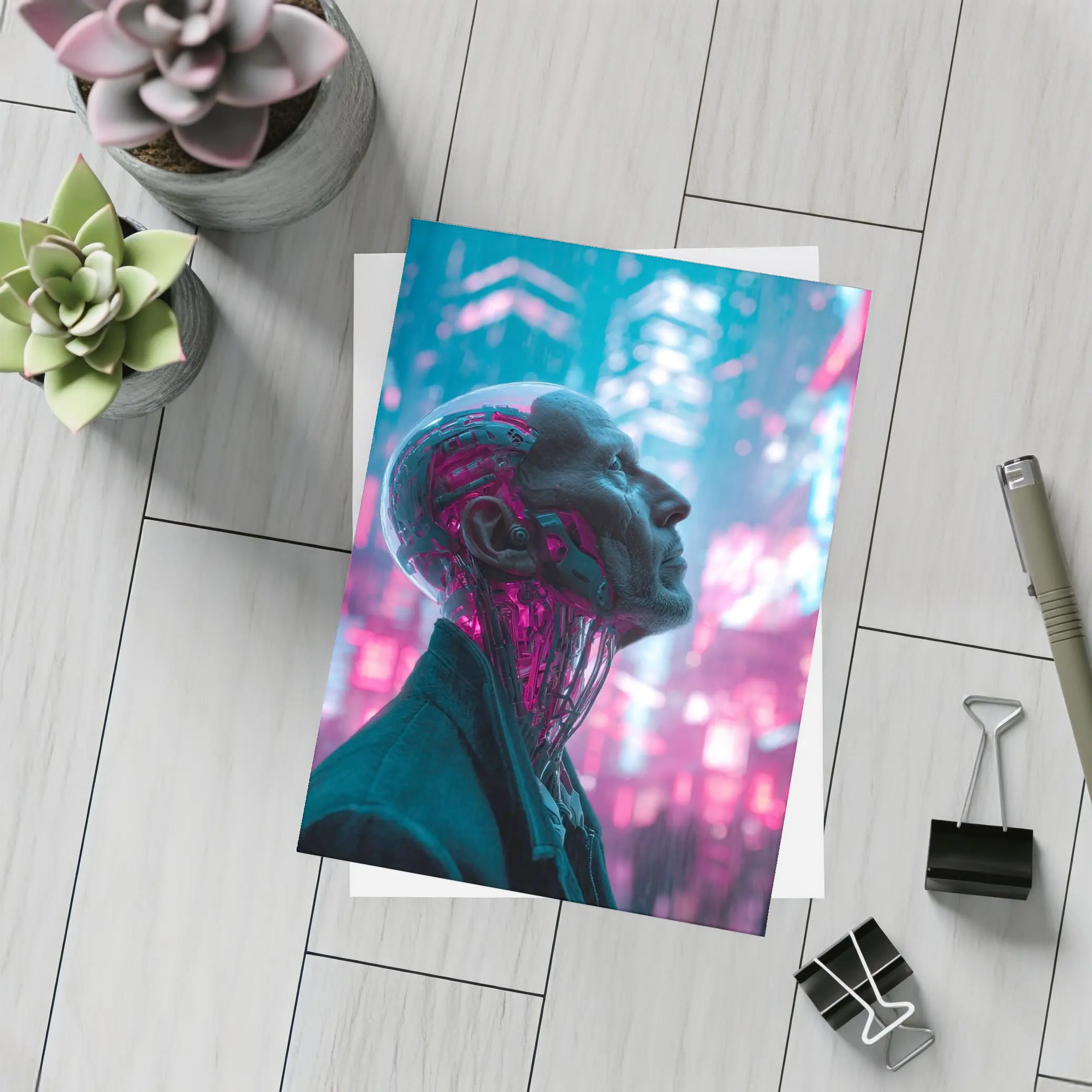 Cyberpunk Android Man Neon City Night – Postcards