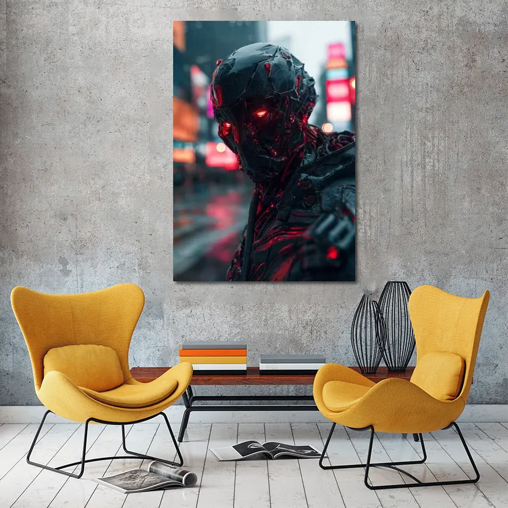 Dark Cyberpunk Robot Red Eyes City Street – Wall Art