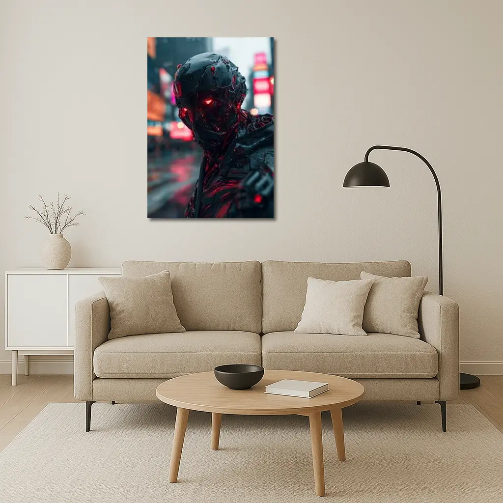 Dark Cyberpunk Robot Red Eyes City Street – Wall Art