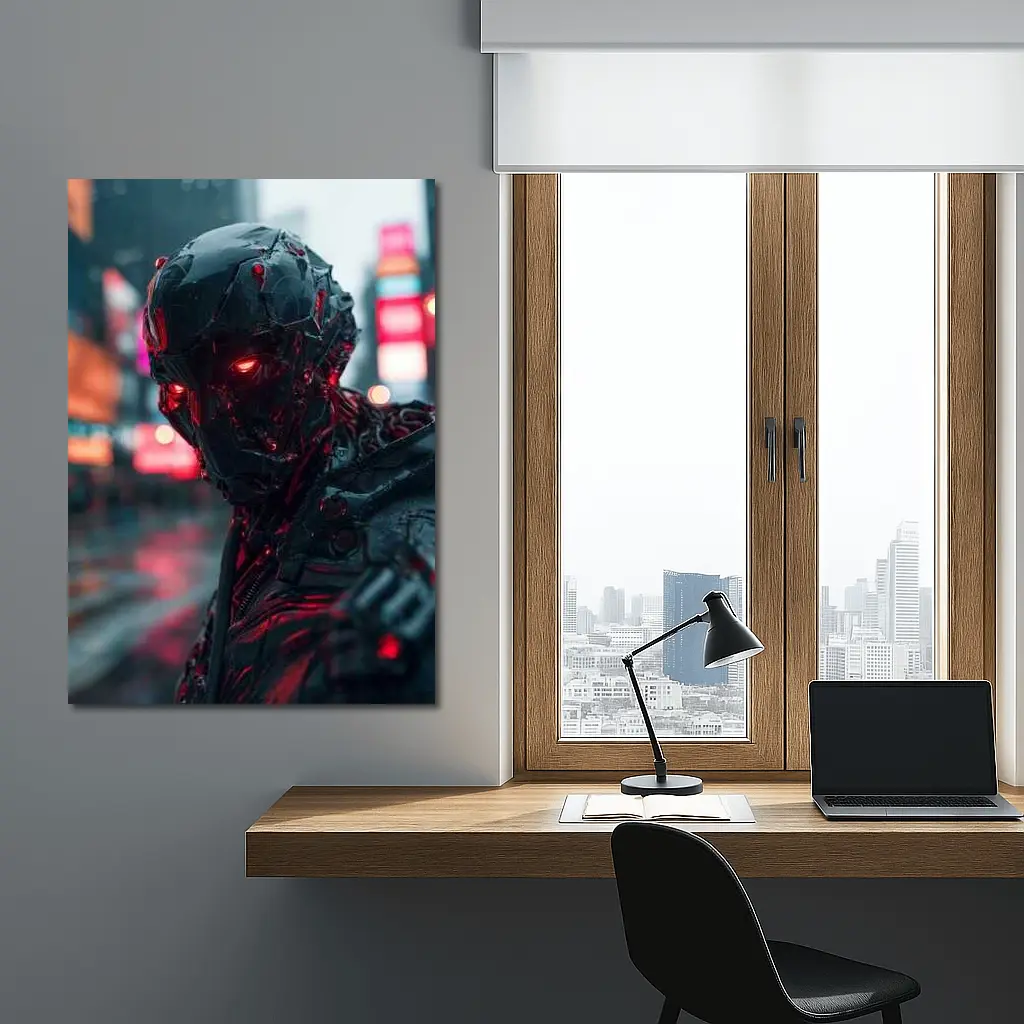 Dark Cyberpunk Robot Red Eyes City Street – Wall Art