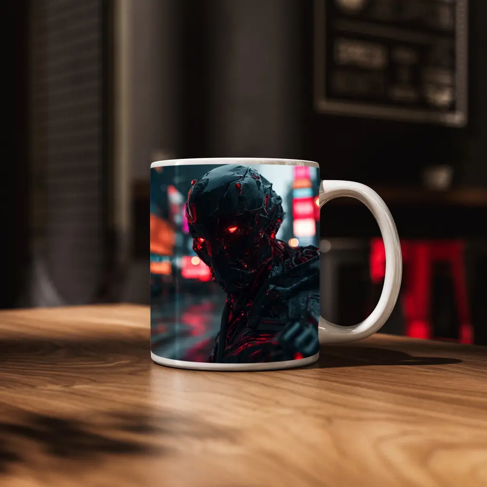 Dark Cyberpunk Robot Red Eyes City Street – Mugs