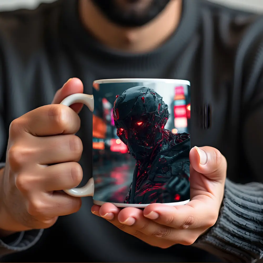 Dark Cyberpunk Robot Red Eyes City Street – Mugs