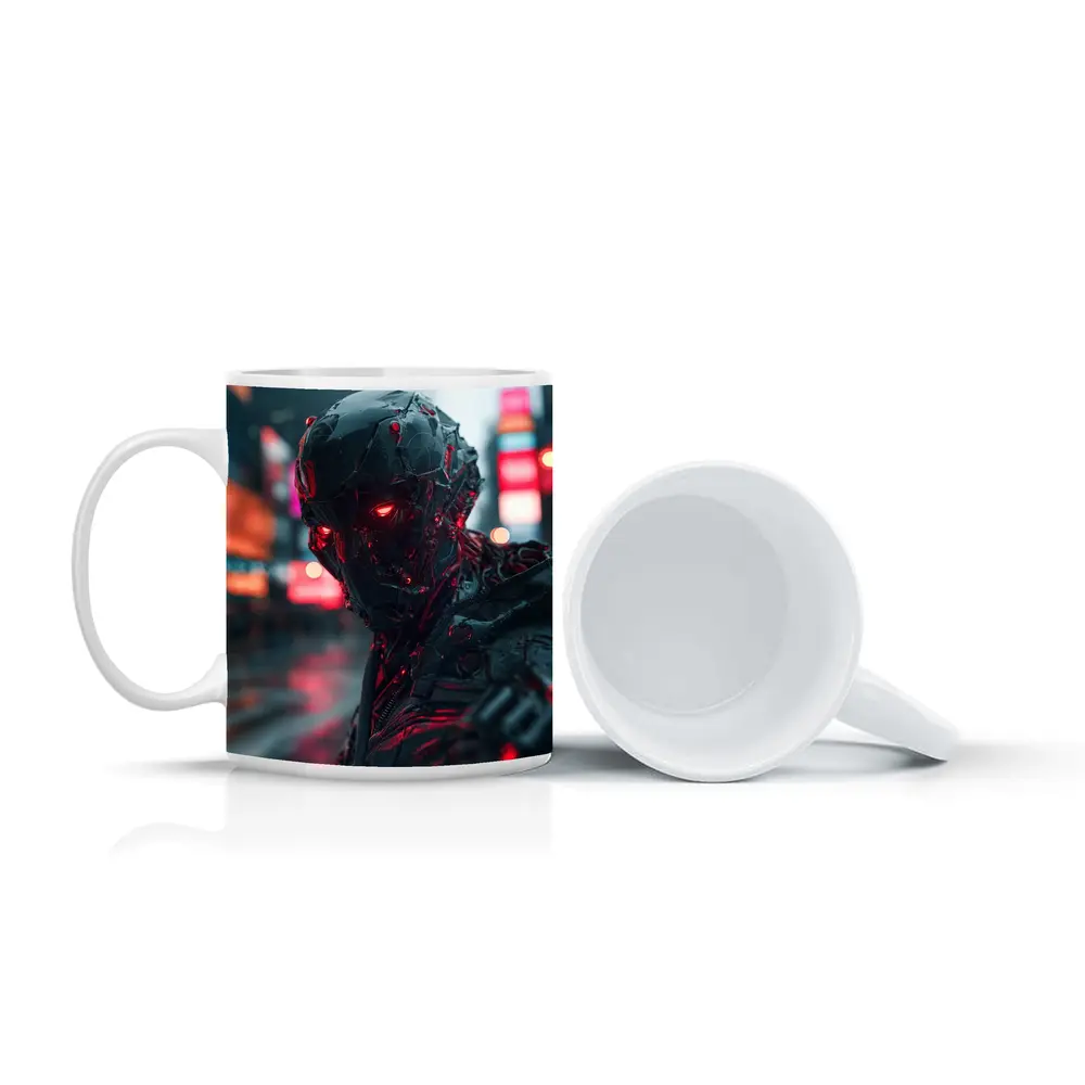 Dark Cyberpunk Robot Red Eyes City Street – Mugs