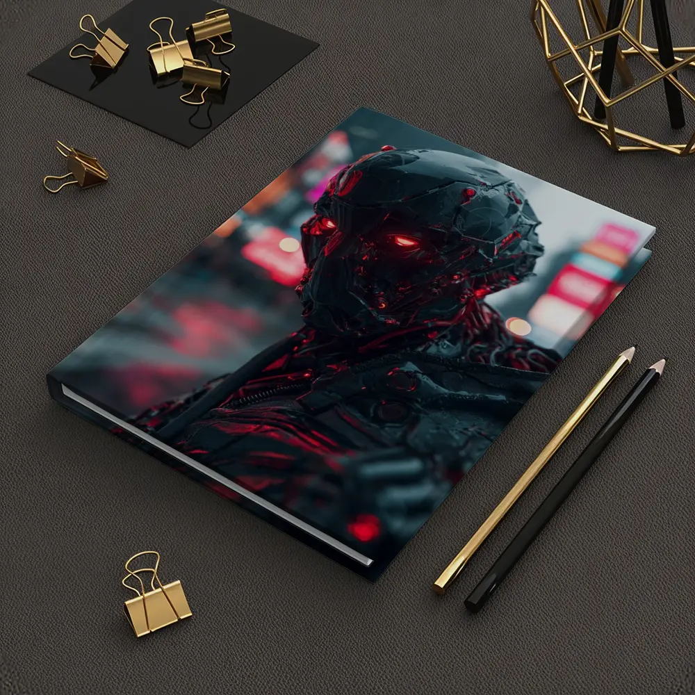 Dark Cyberpunk Robot Red Eyes City Street – Notebooks