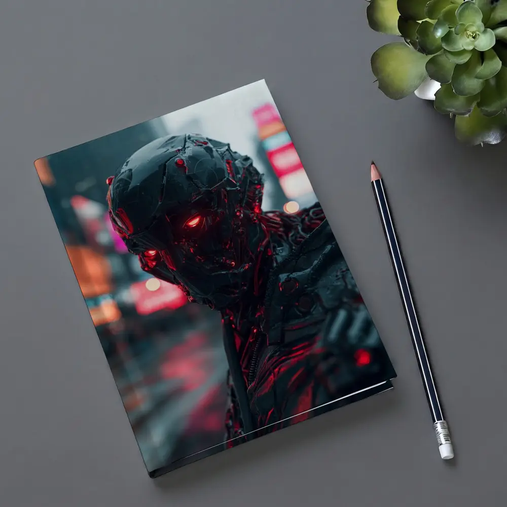 Dark Cyberpunk Robot Red Eyes City Street – Notebooks