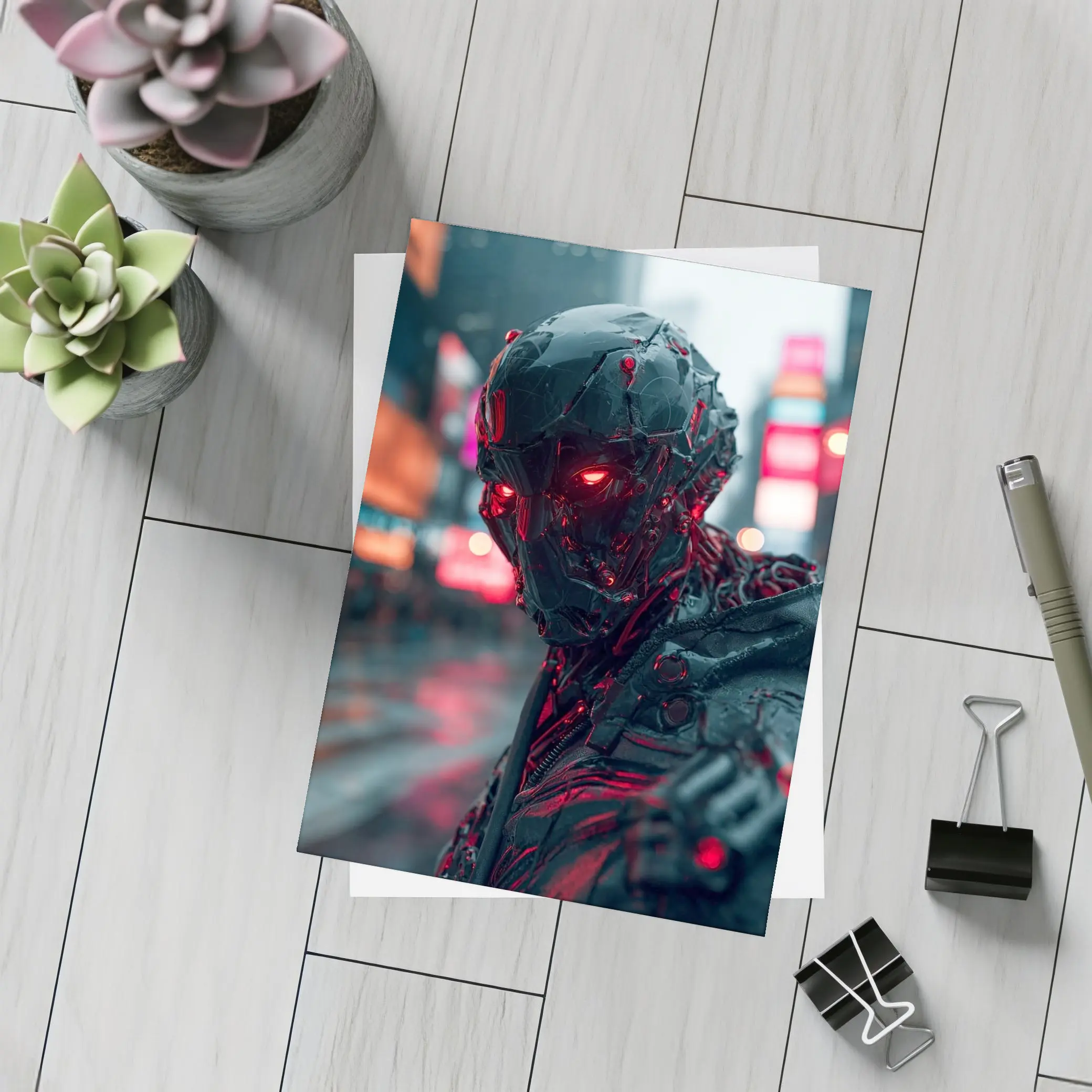 Dark Cyberpunk Robot Red Eyes City Street – Postcards