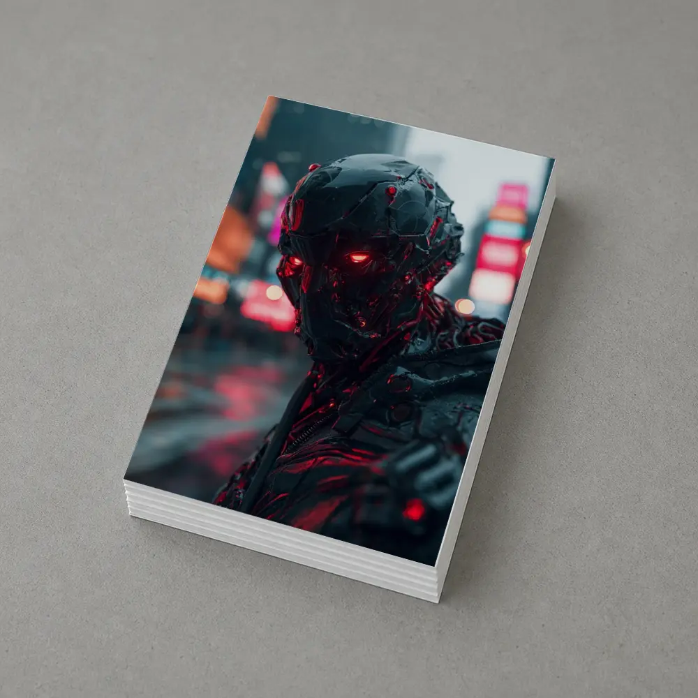 Dark Cyberpunk Robot Red Eyes City Street – Postcards