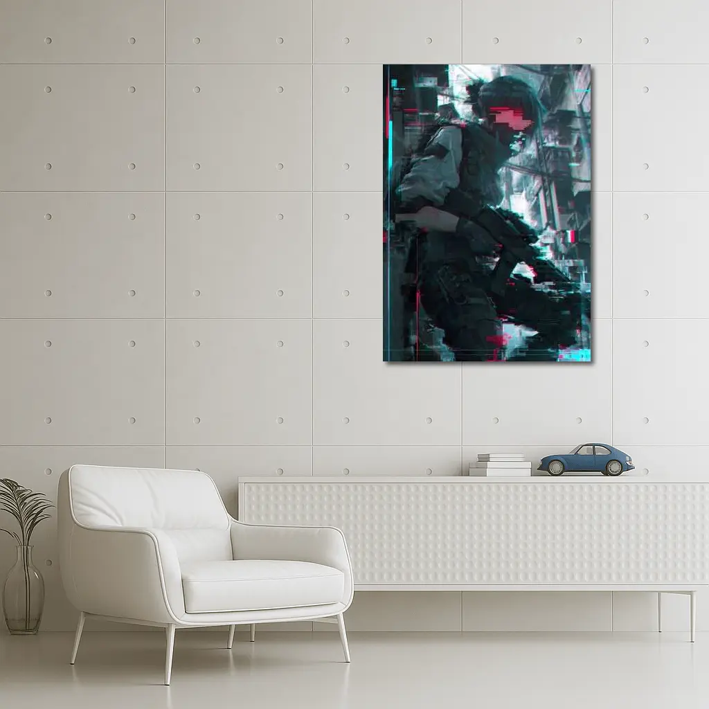 Cyberpunk Anime Soldier Girl Glitch City – Wall Art