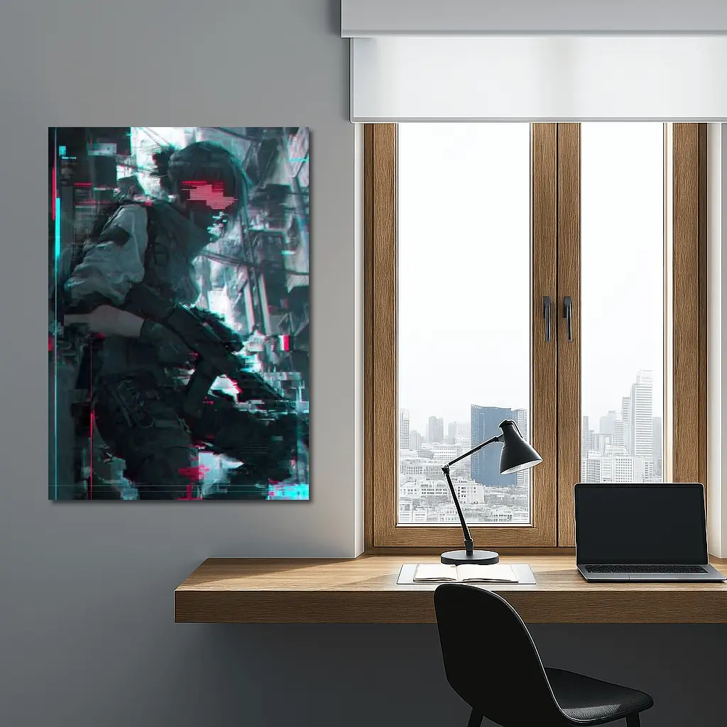 Cyberpunk Anime Soldier Girl Glitch City – Wall Art