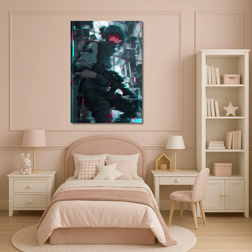 Cyberpunk Anime Soldier Girl Glitch City – Wall Art