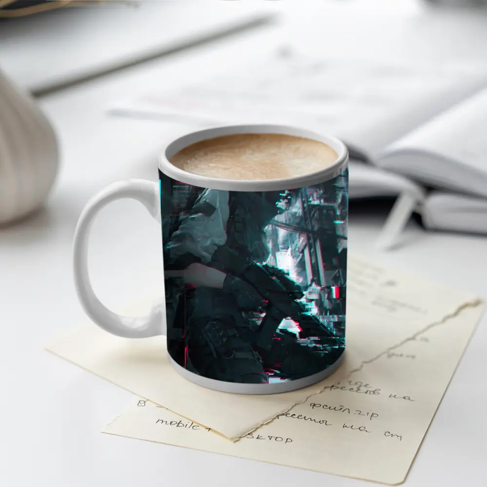 Cyberpunk Anime Soldier Girl Glitch City – Mugs