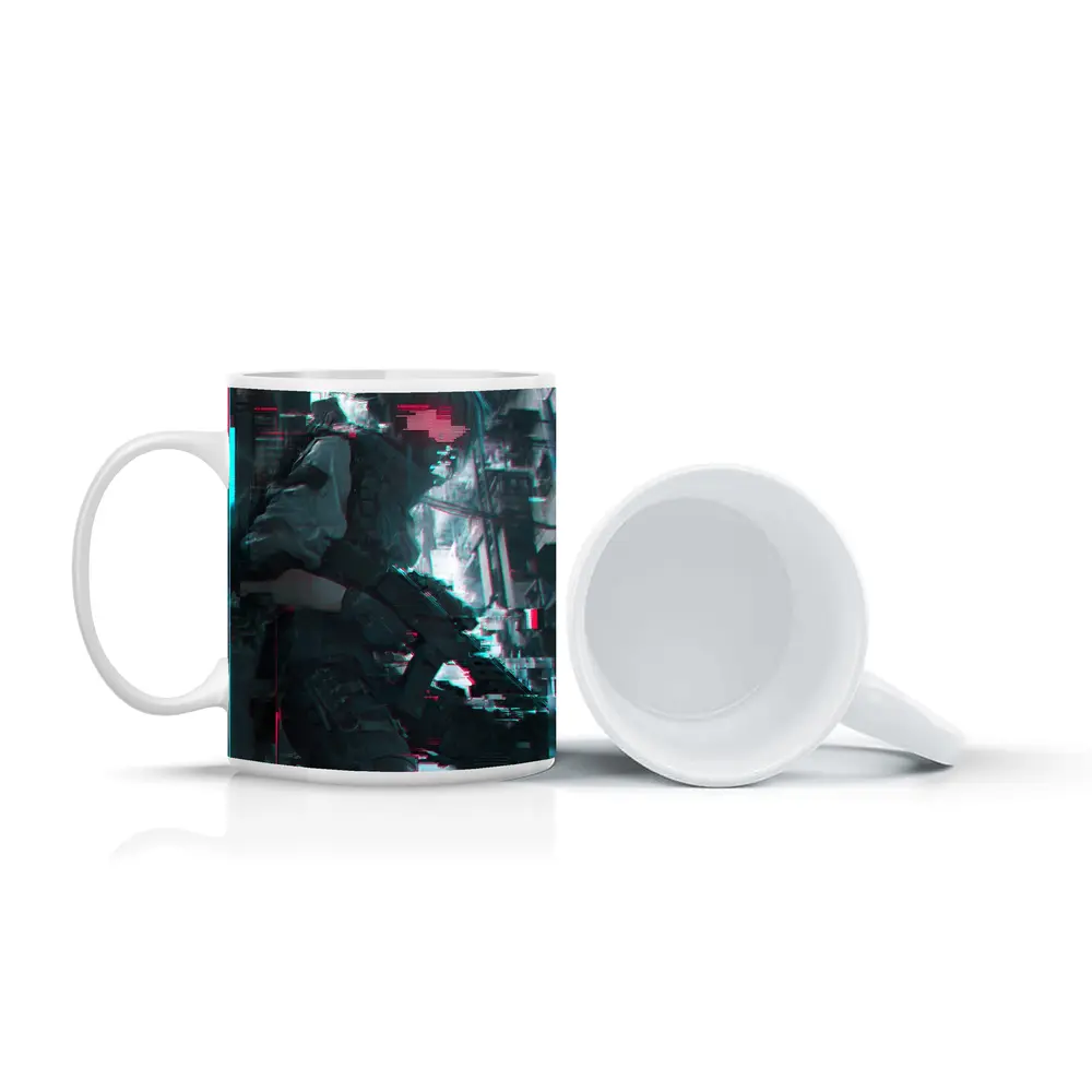 Cyberpunk Anime Soldier Girl Glitch City – Mugs
