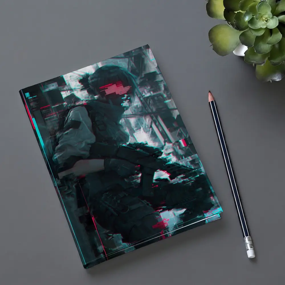 Cyberpunk Anime Soldier Girl Glitch City – Notebooks