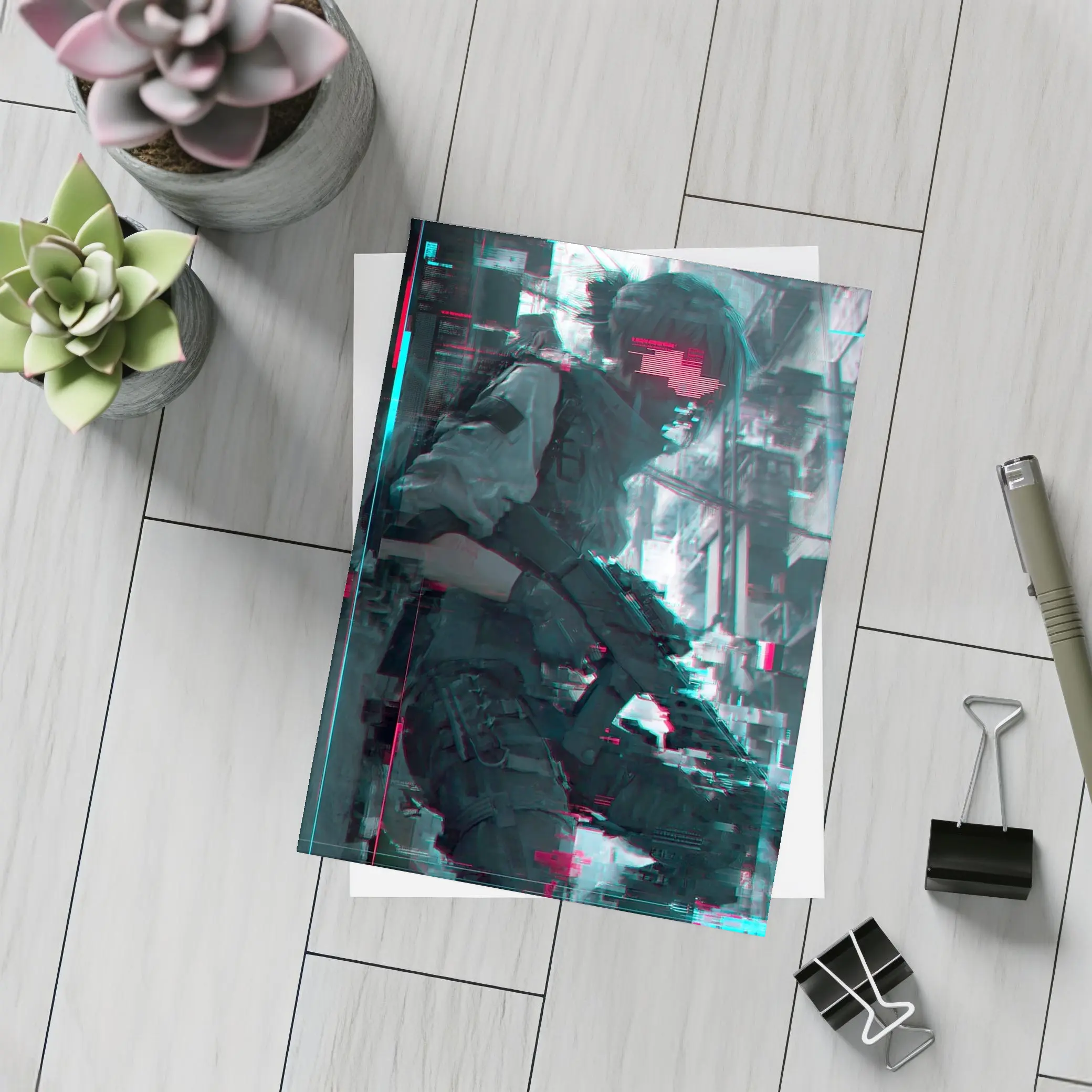 Cyberpunk Anime Soldier Girl Glitch City – Postcards