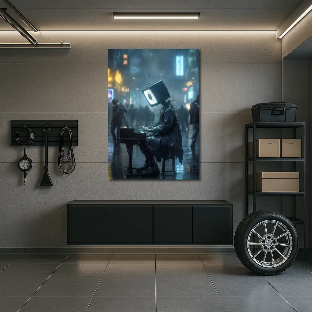 TV Head Pianist Rainy Cyberpunk City Street – Wall Art