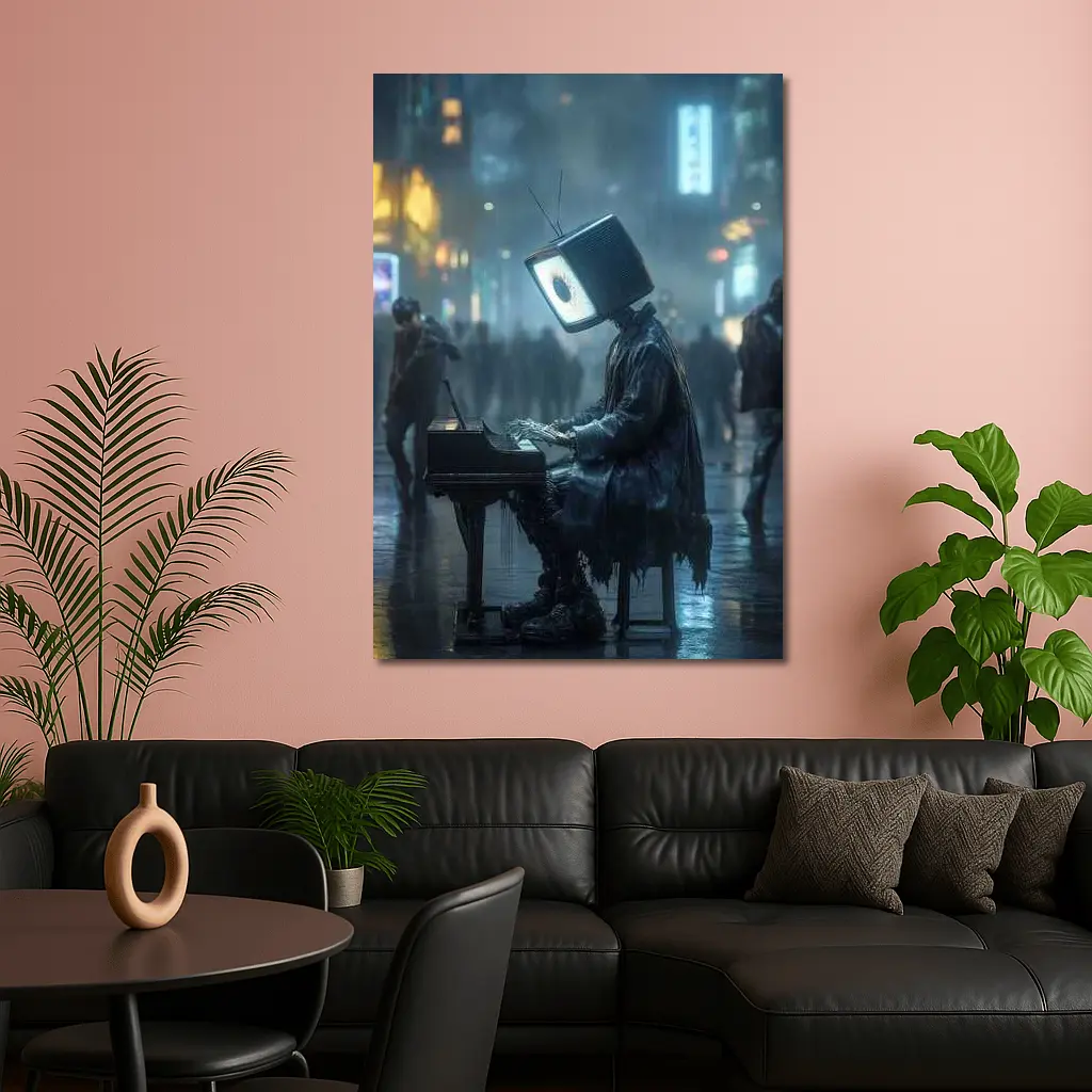 TV Head Pianist Rainy Cyberpunk City Street – Wall Art