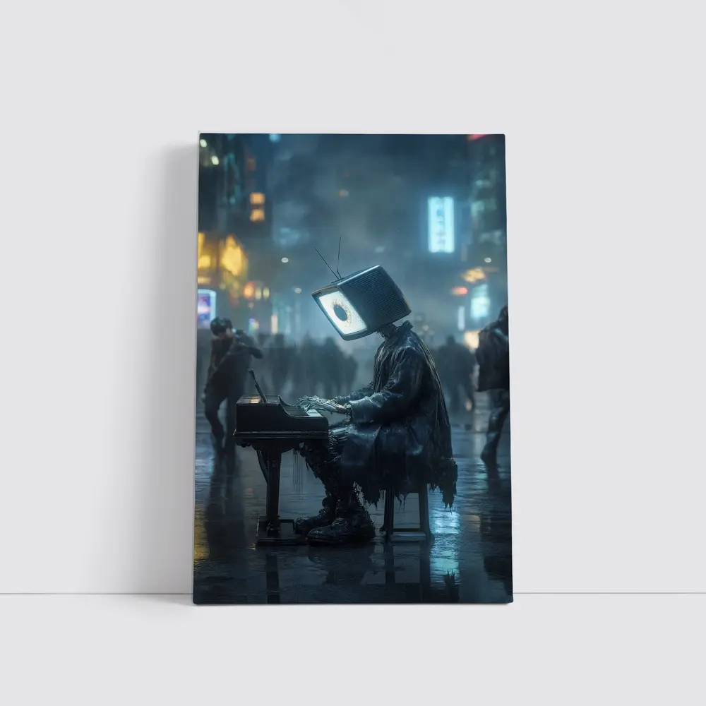TV Head Pianist Rainy Cyberpunk City Street – Wall Art