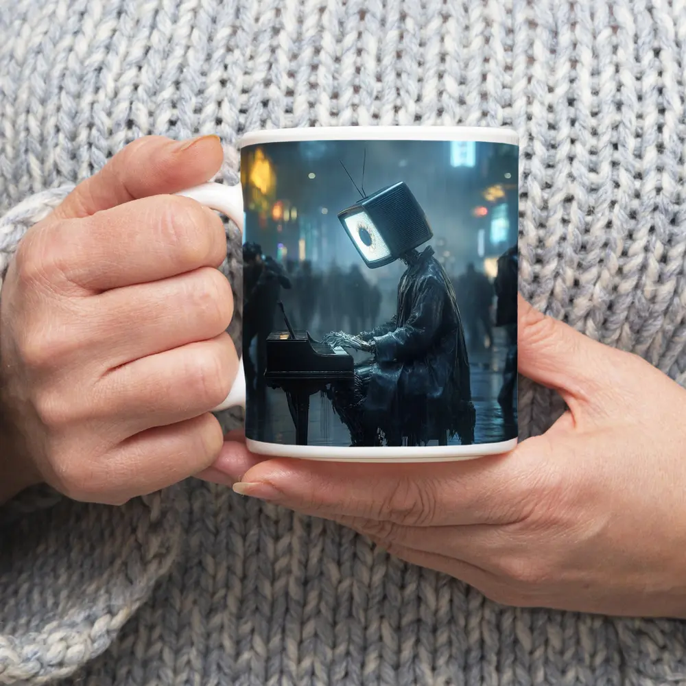 TV Head Pianist Rainy Cyberpunk City Street – Mugs