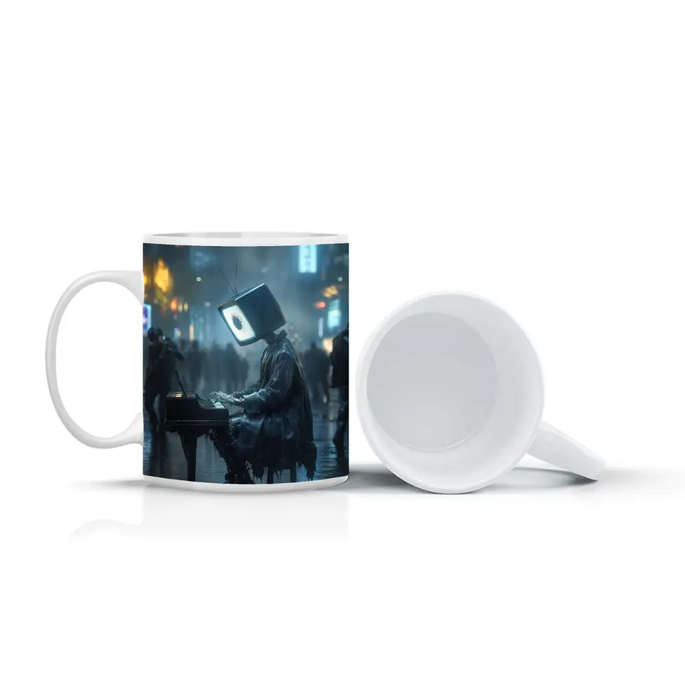 TV Head Pianist Rainy Cyberpunk City Street – Mugs
