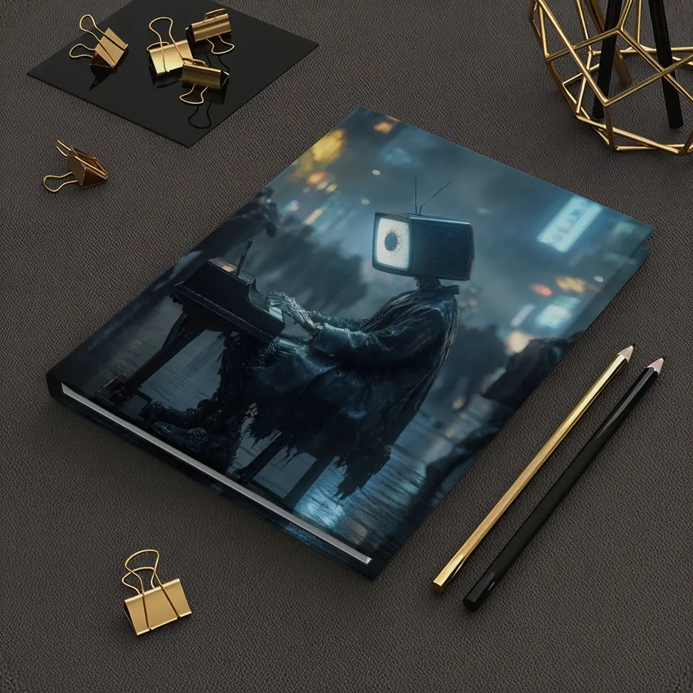 TV Head Pianist Rainy Cyberpunk City Street – Notebooks