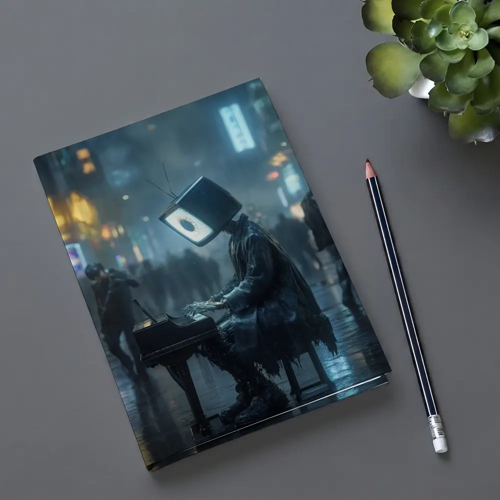 TV Head Pianist Rainy Cyberpunk City Street – Notebooks