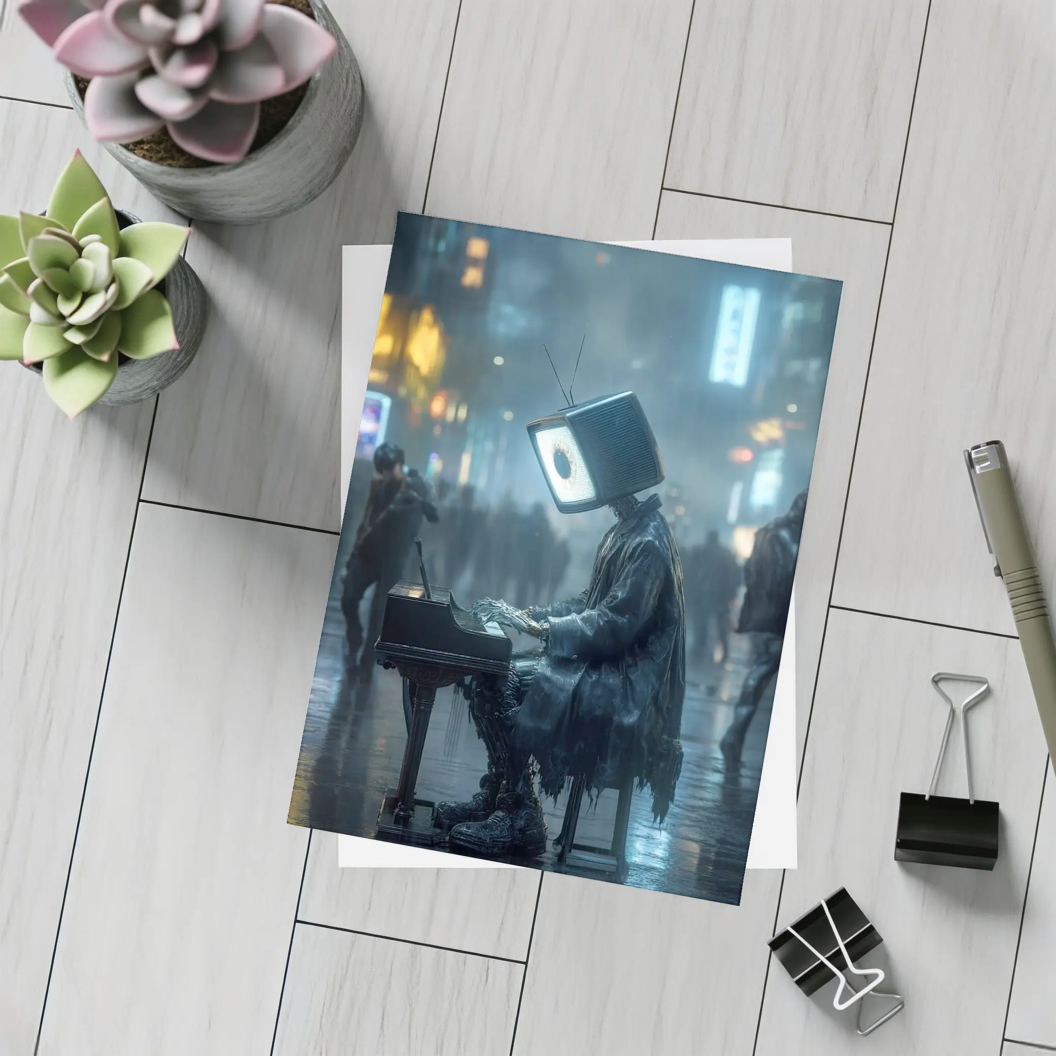 TV Head Pianist Rainy Cyberpunk City Street – Postcards
