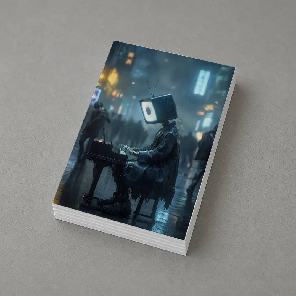 TV Head Pianist Rainy Cyberpunk City Street – Postcards