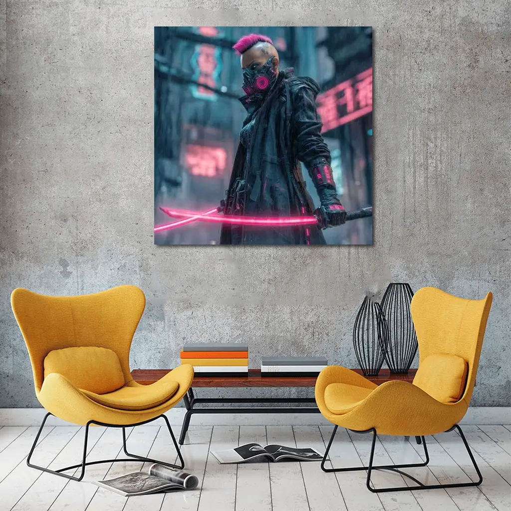 Cyberpunk Warrior Neon Swords Rainy City – Wall Art