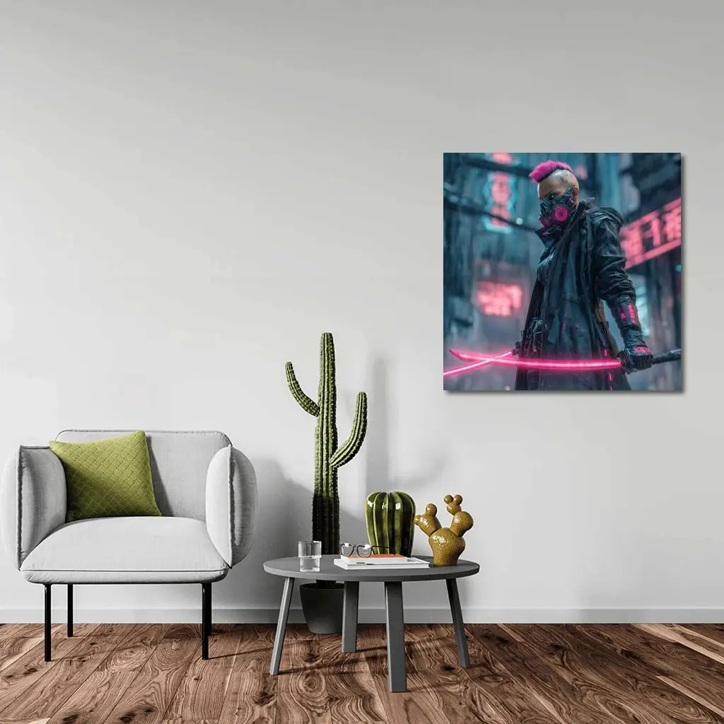 Cyberpunk Warrior Neon Swords Rainy City – Wall Art