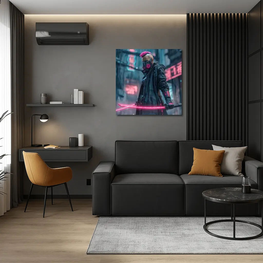 Cyberpunk Warrior Neon Swords Rainy City – Wall Art