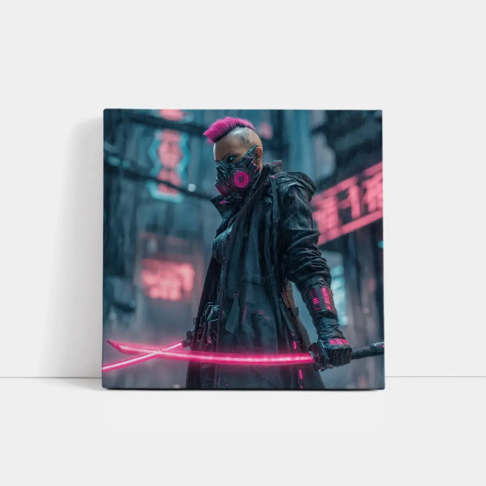 Cyberpunk Warrior Neon Swords Rainy City – Wall Art