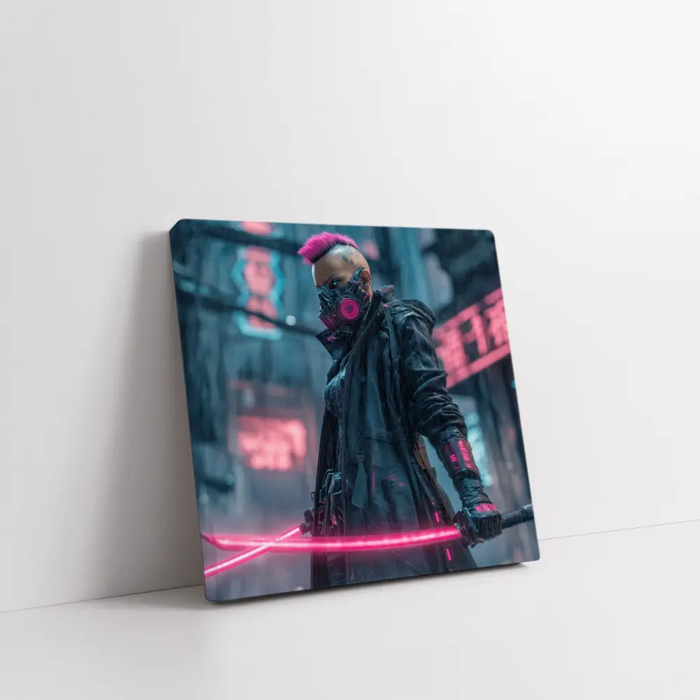 Cyberpunk Warrior Neon Swords Rainy City – Wall Art