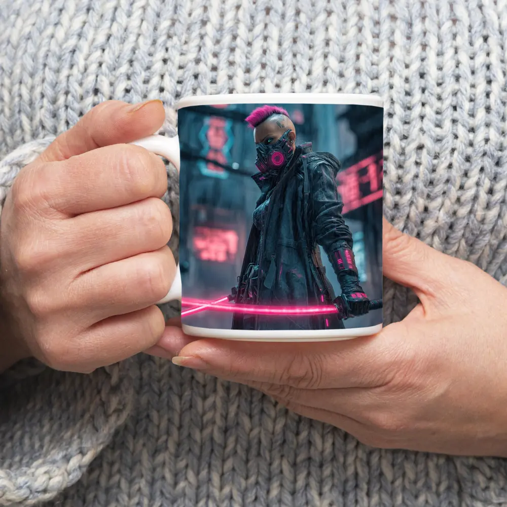 Cyberpunk Warrior Neon Swords Rainy City – Mugs