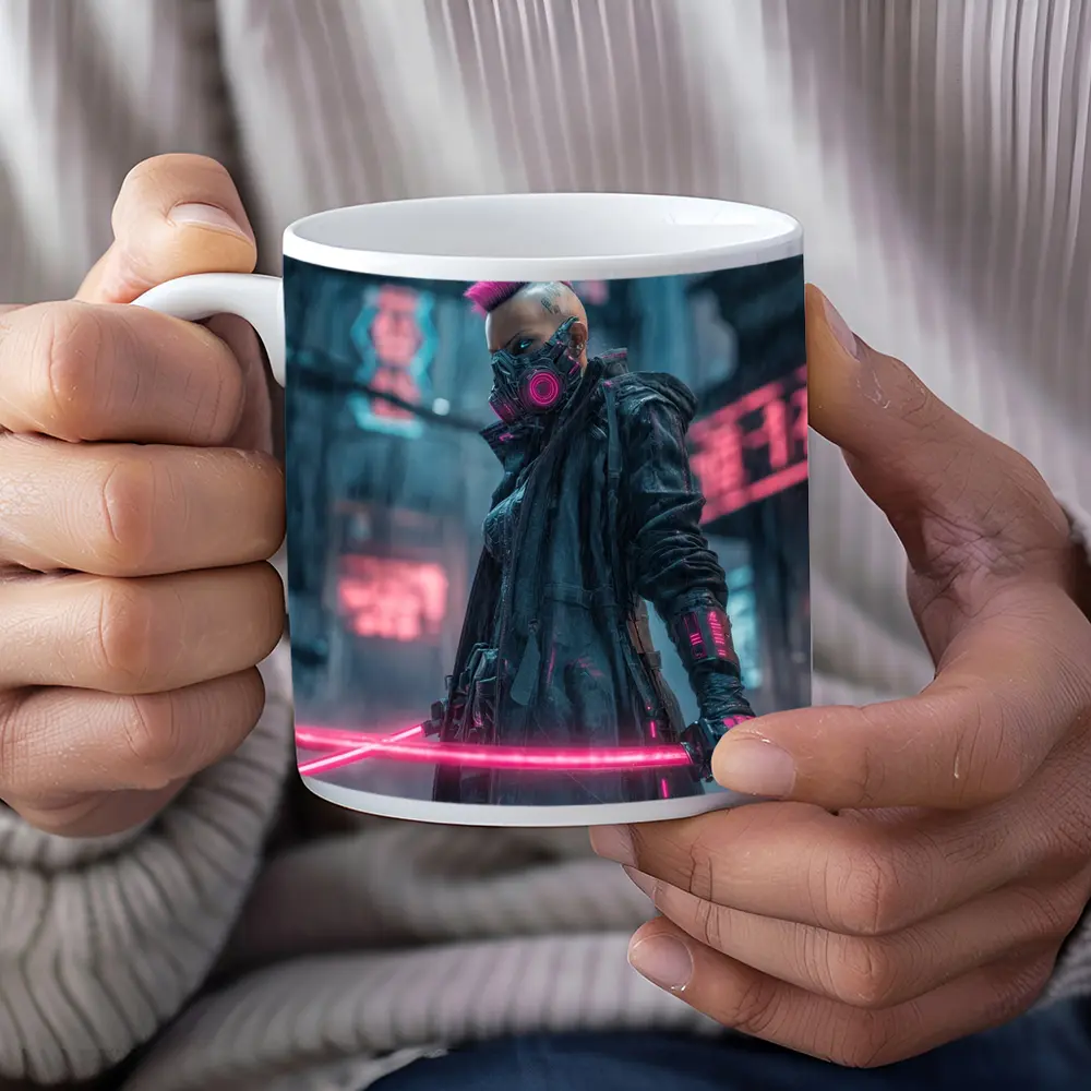 Cyberpunk Warrior Neon Swords Rainy City – Mugs