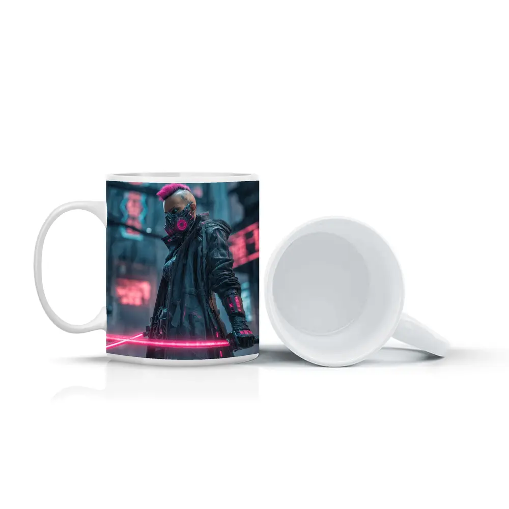 Cyberpunk Warrior Neon Swords Rainy City – Mugs