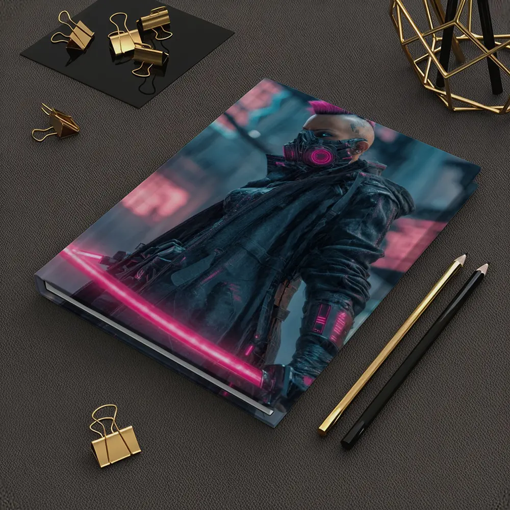 Cyberpunk Warrior Neon Swords Rainy City – Notebooks