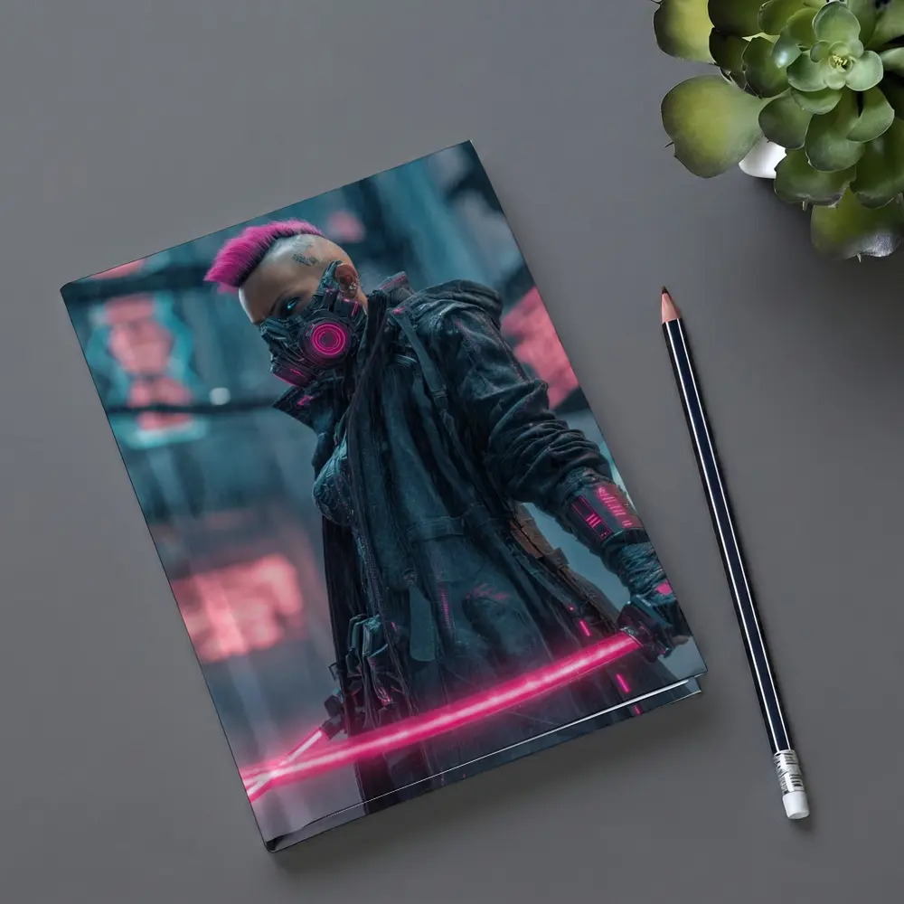 Cyberpunk Warrior Neon Swords Rainy City – Notebooks