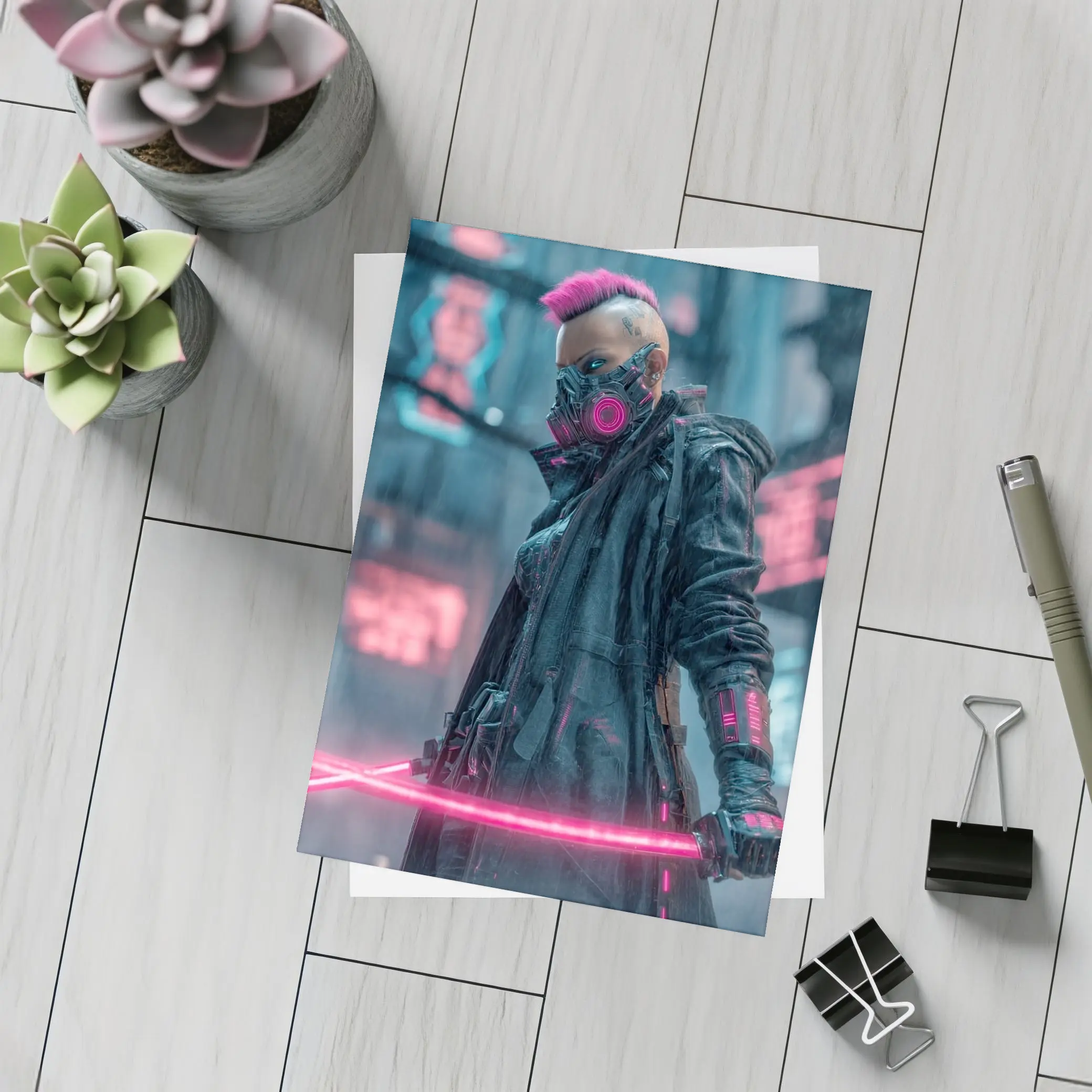 Cyberpunk Warrior Neon Swords Rainy City – Postcards