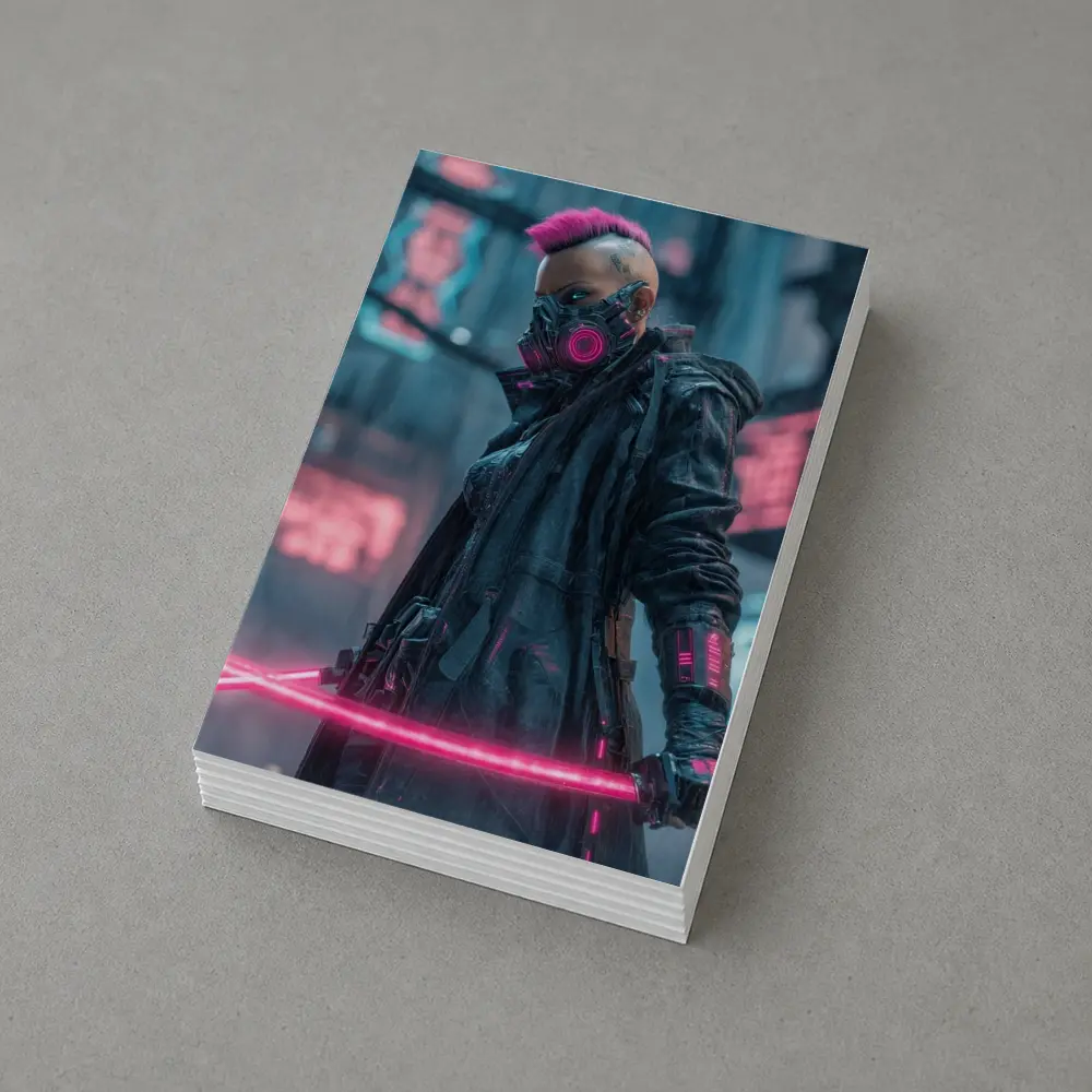 Cyberpunk Warrior Neon Swords Rainy City – Postcards