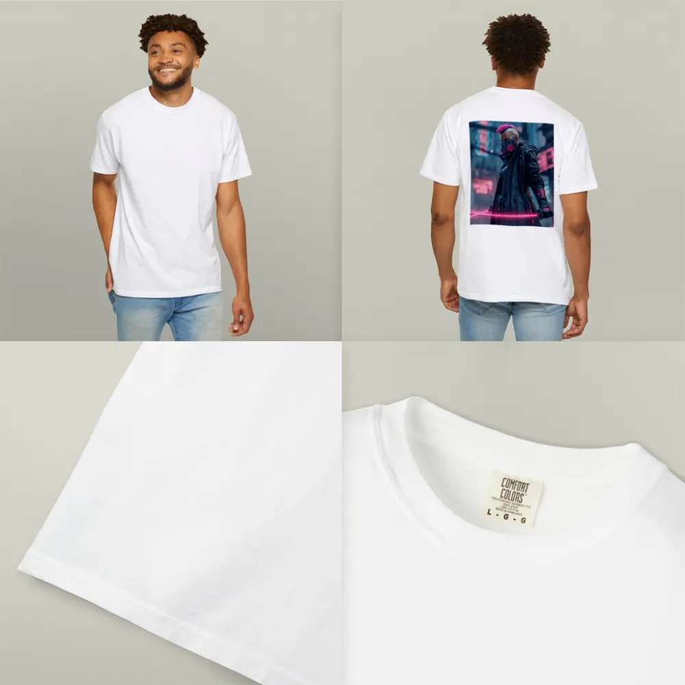 Cyberpunk Warrior Neon Swords Rainy City – T-Shirts