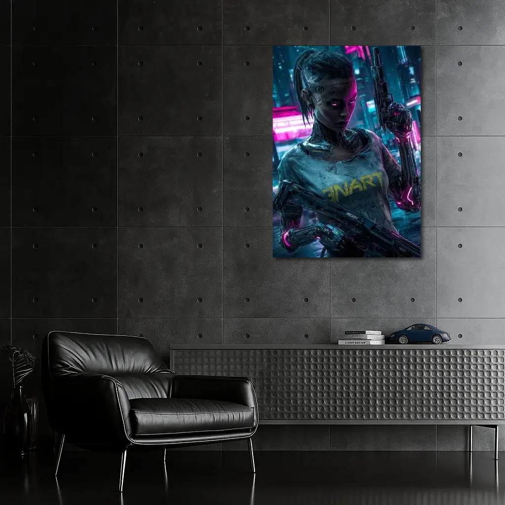 Cyberpunk Female Cyborg Neon City Street – Wall Art