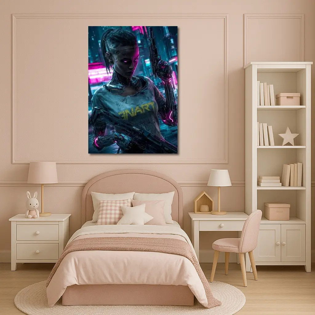 Cyberpunk Female Cyborg Neon City Street – Wall Art
