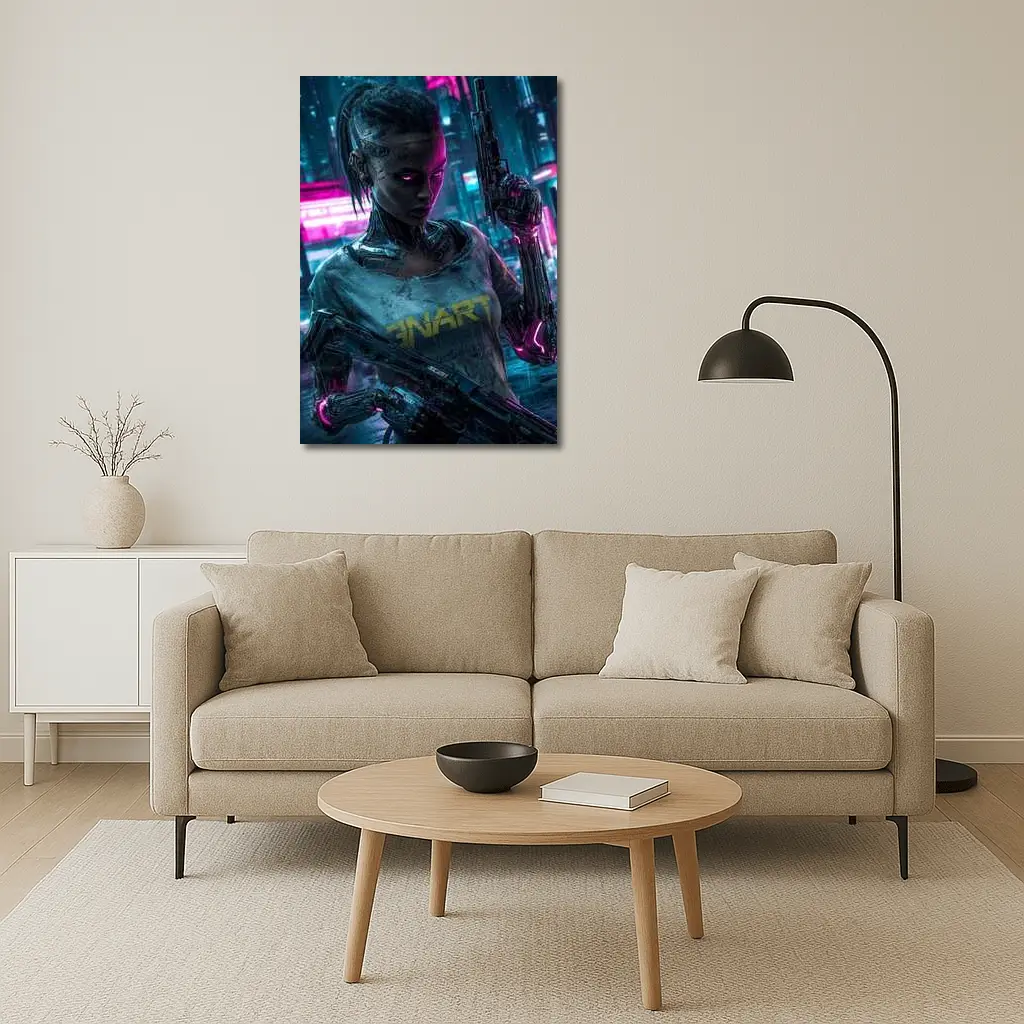 Cyberpunk Female Cyborg Neon City Street – Wall Art