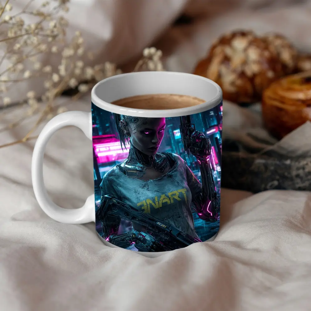 Cyberpunk Female Cyborg Neon City Street – Mugs